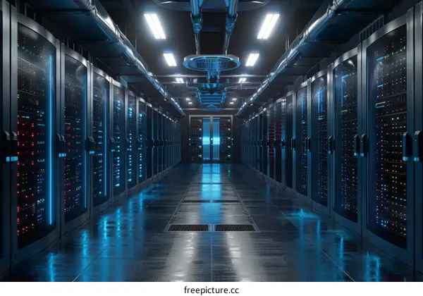 Server room with rows of server racks containing multiple server blades and hard drives with blue and green indicator lights