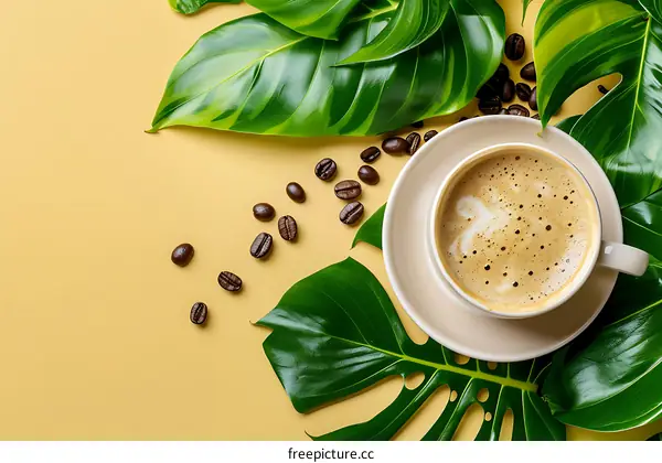 Coffee Beans and Cup of Coffee with Green Leaves
