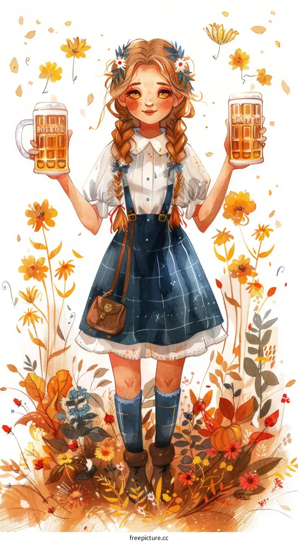An illustration of a young girl holding two mugs of beer in a field of flowers