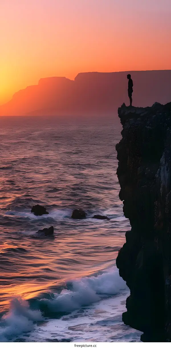 Silhouette of a Person Standing on a Cliff Overlooking the Ocean at Sunset