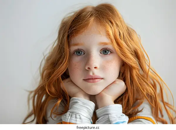 Portrait of a young girl with red hair and blue eyes