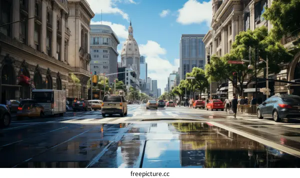 Crowded city street with cars and people crossing the road