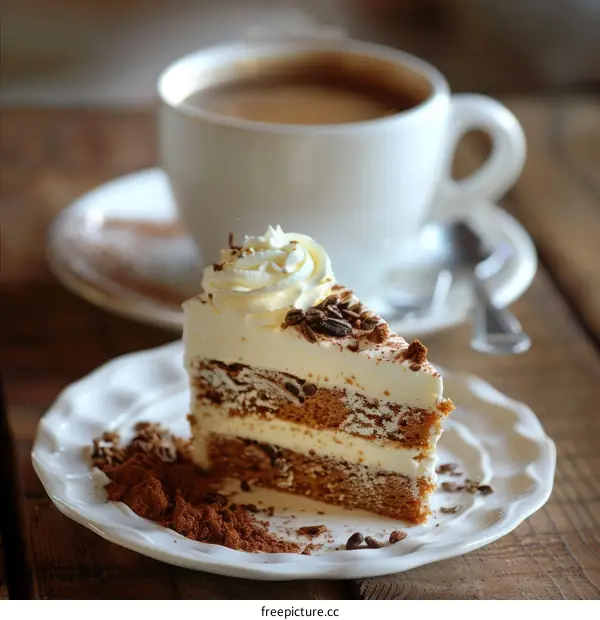 A delicious slice of cake on a white plate with a cup of coffee in the background