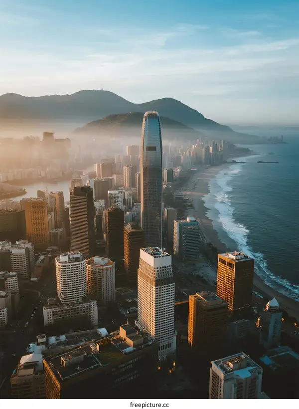 Aerial View of Modern Skyscrapers Along Seaside at Dawn