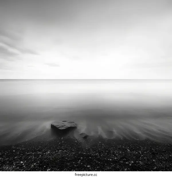 Black and white photo of a large rock in the middle of a beach with the ocean in the background