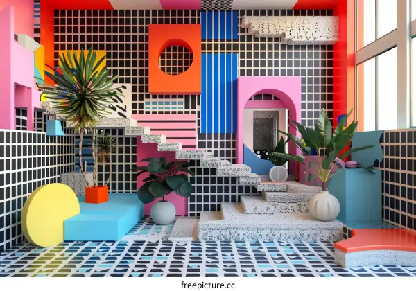 A colorful and vibrant room with geometric shapes and patterns