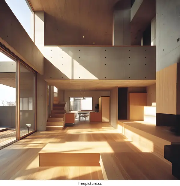 Modern House Interior Design with Concrete Walls and Wooden Flooring