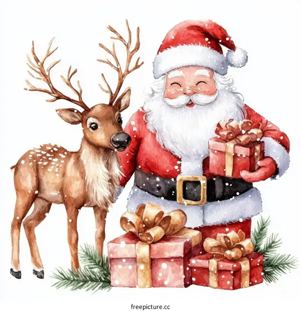 Christmas Watercolor Illustration of Santa and Reindeer