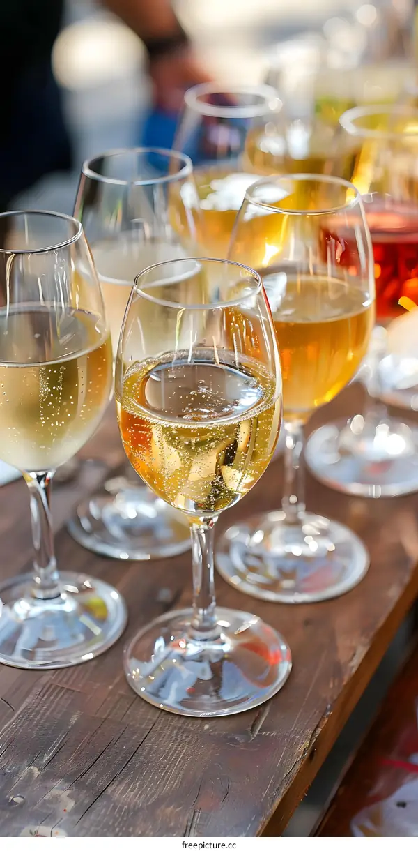 Close Up of Wine Glasses on Wooden Table