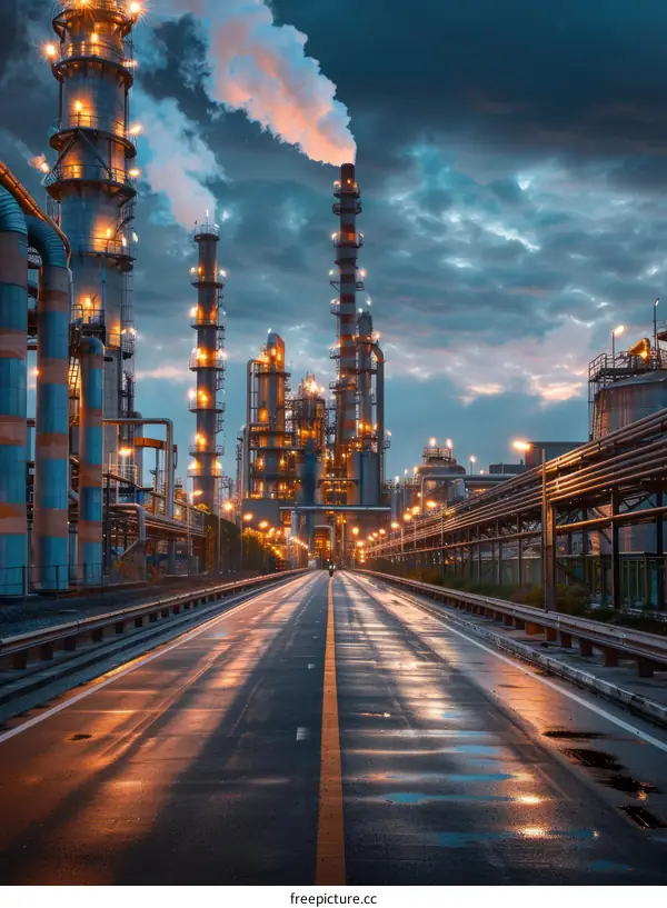 An illustration of an oil refinery at night