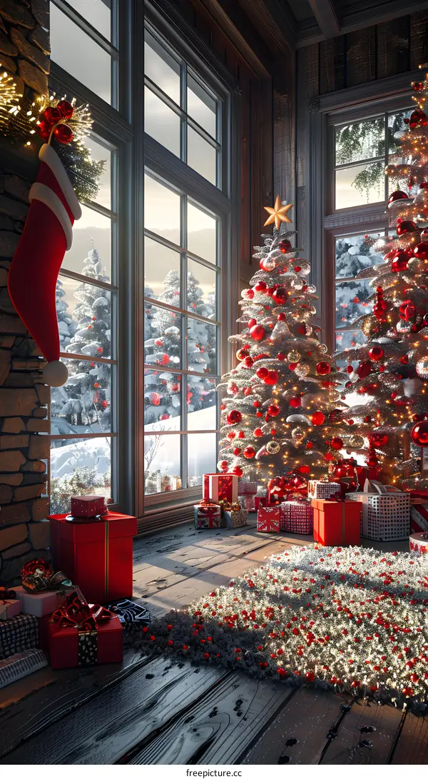 Beautifully decorated Christmas tree by the fireplace