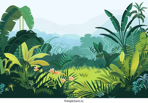 Tropical Rainforest Illustration Lush Green Foliage and Mountains Background