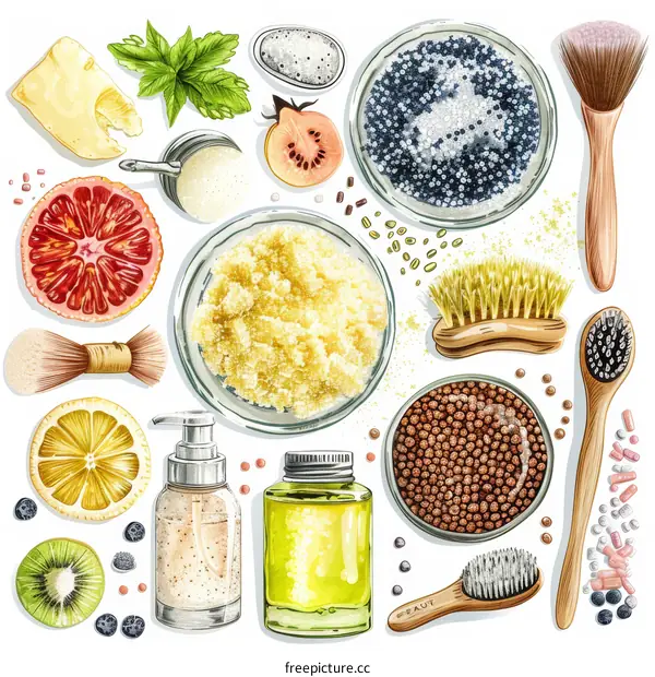 Natural skincare ingredients and cosmetic products, top view