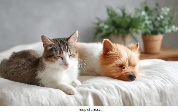 Two Pets Sleeping Comfortably on a Bed