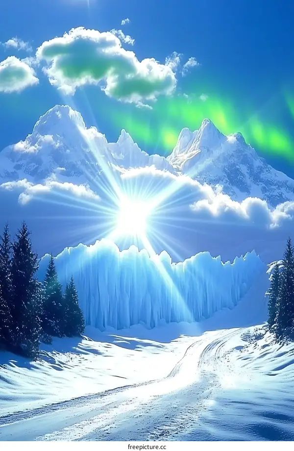 Snowy Mountains with Icy Wall and Shining Sun