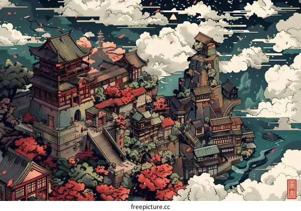 Traditional Chinese Style Architecture Illustration with Clouds and Water
