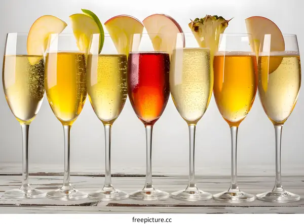 Champagne Glasses with Fruit Garnish on White Table