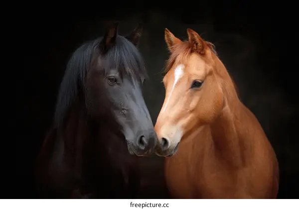 Two Horses Portrait in a Dark Background