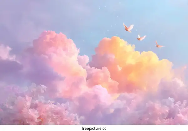 Pastel Sky with Fluffy Clouds and Birds