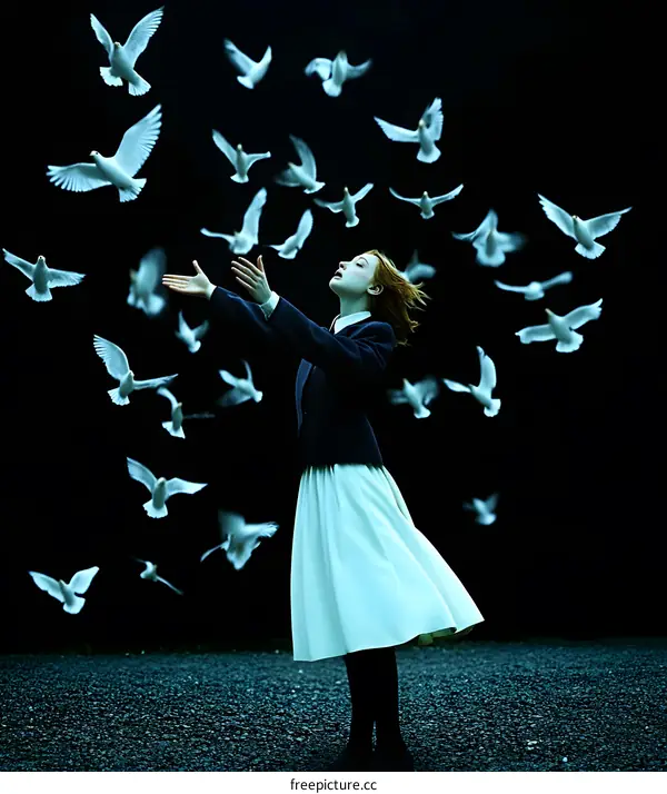 Woman Reaching Up To White Doves In The Dark
