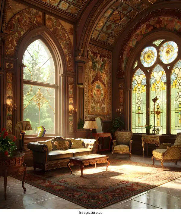 Luxury Living Room with Stained Glass Window and Ornate Details