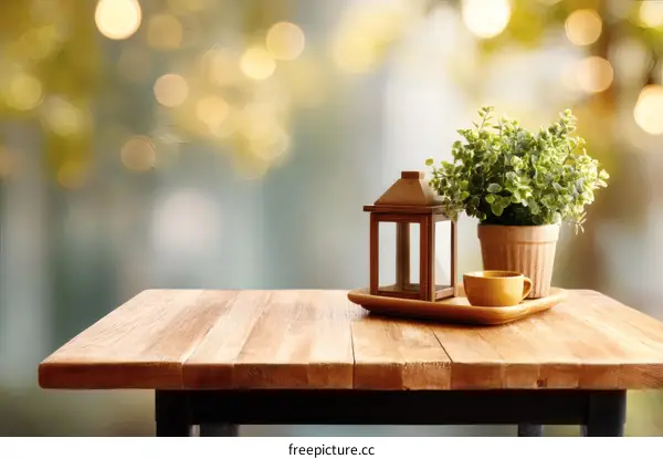 Wooden Table Top with Decorative Items