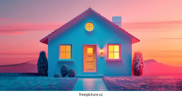 Minimalist House with Sunset Background