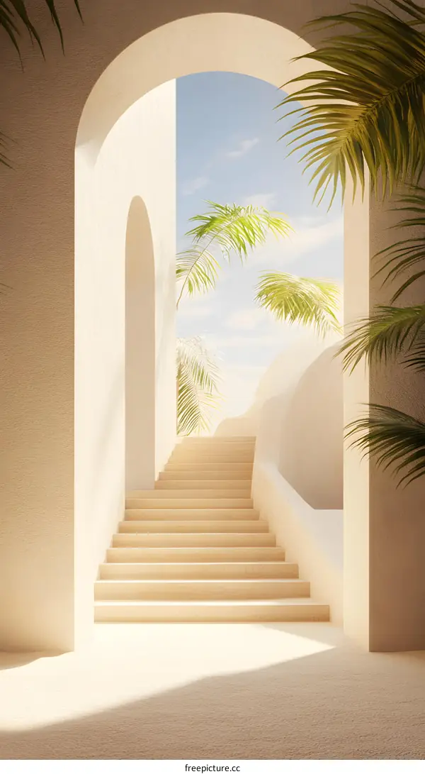 Minimalist Beige Architecture with Archway and Palm Trees