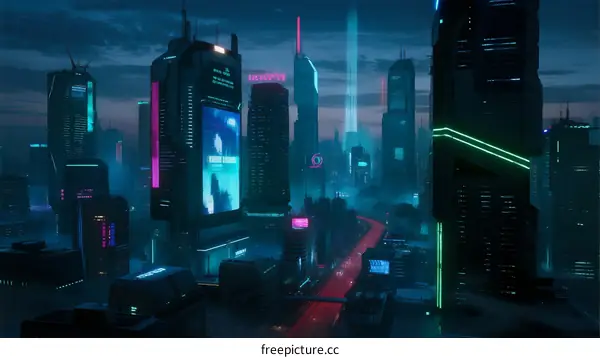 Cyberpunk Cityscape with Tall Buildings and Glowing Lights