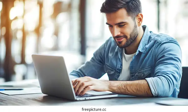Man Working on Laptop in Cafe