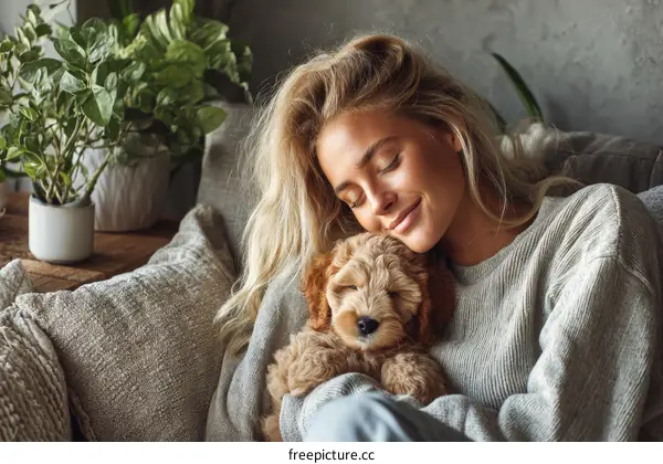 Woman and Puppy Cozy Moment on Sofa