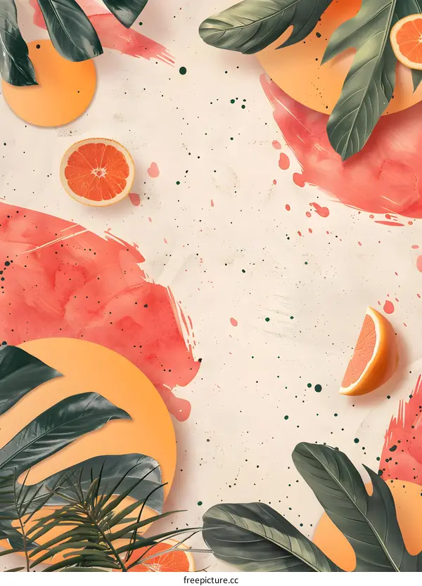 Tropical Summer Fruit Background with Orange Slices and Leaves