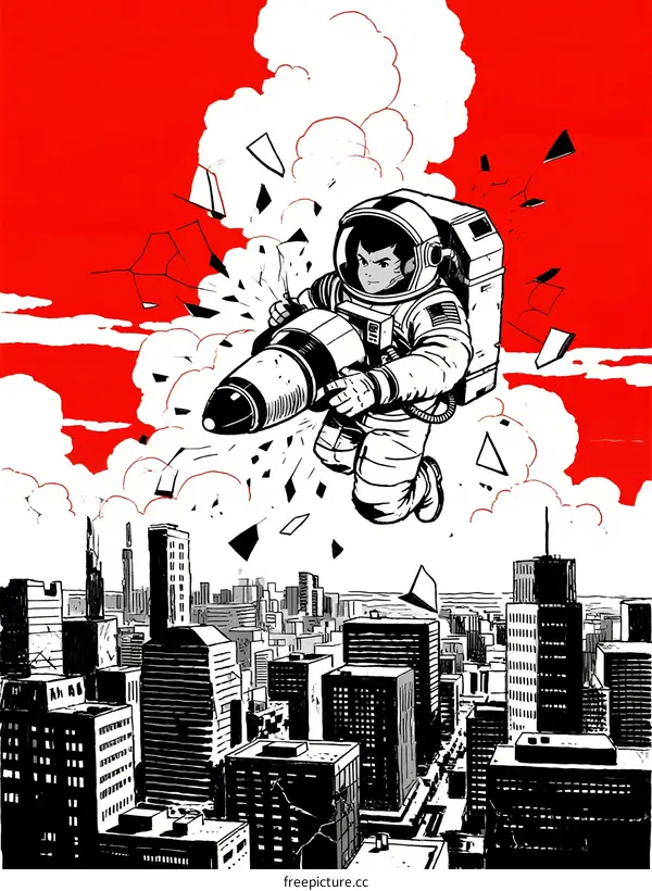 Astronaut Flying Through Urban Skyline with Explosion