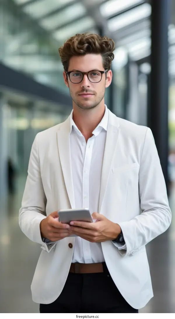 Young professional man in white suit holding a tablet