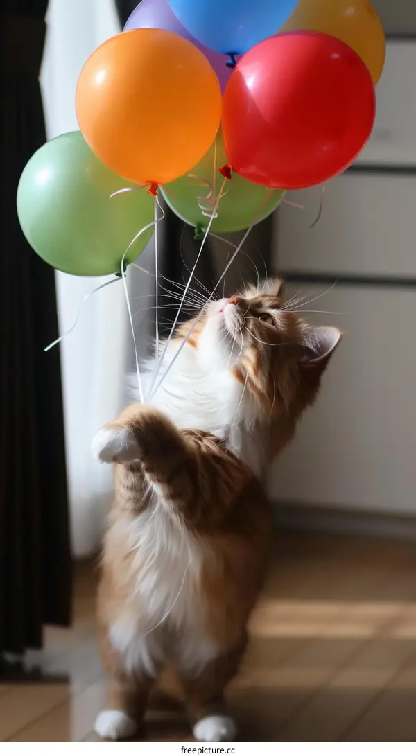 A ginger cat is holding on to a bunch of balloons
