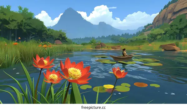 An illustration of a lake with a boat and a person in it