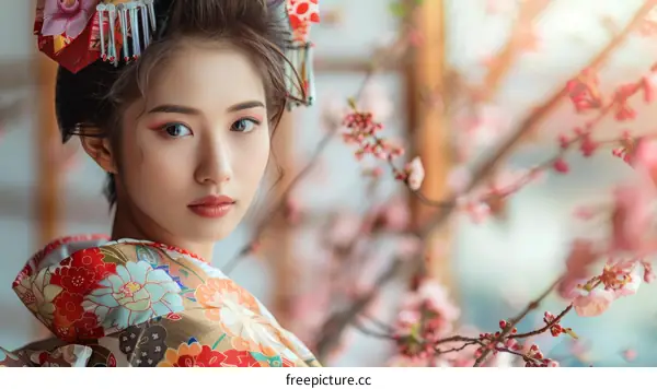 Portrait of a beautiful Japanese woman in traditional kimono with pink cherry blossoms