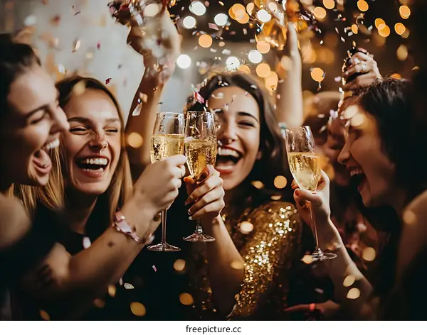 Group of Friends Toasting With Champagne At New Years Eve Party