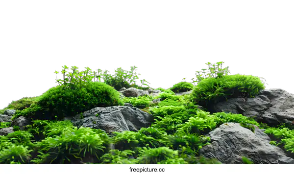 [Transparent Background PNG]Green Moss and Rocks Against White Background