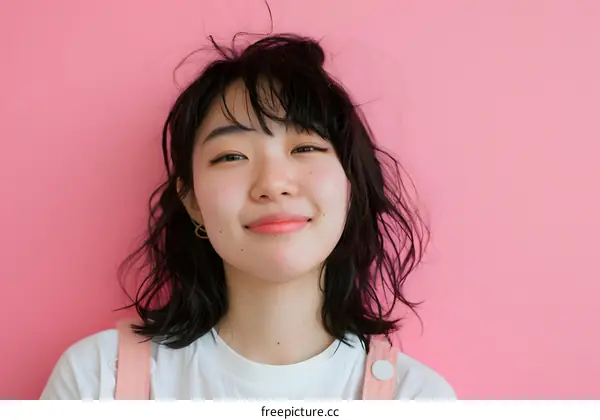 Portrait of a Young Asian Woman Smiling Against a Pink Background