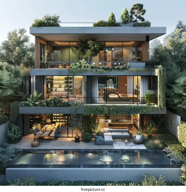 Modern green house with pool and terrace