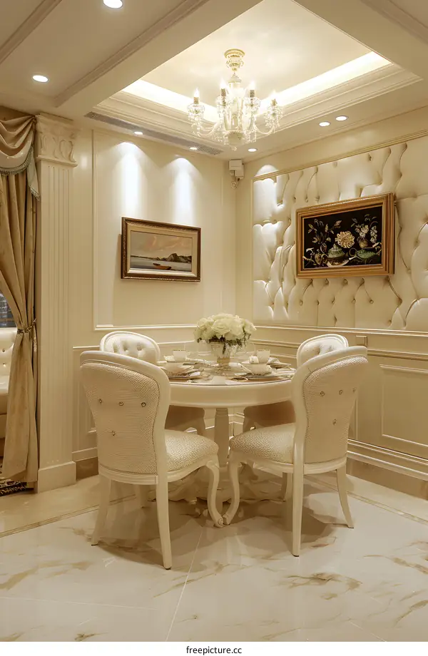 A luxurious dining room with a crystal chandelier, paintings, and marble floor