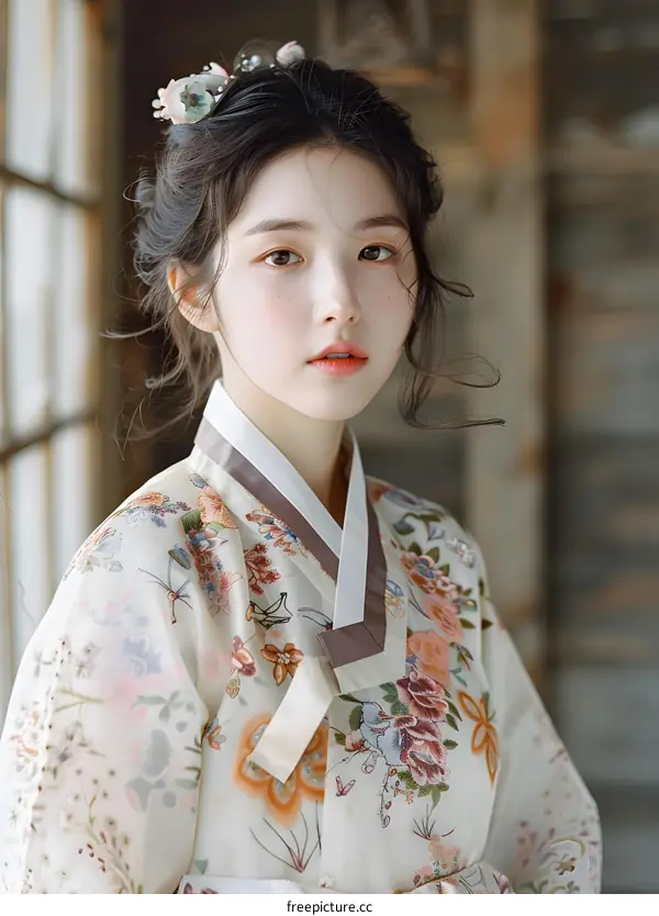 Portrait of a young woman in traditional Korean dress, or Hanbok