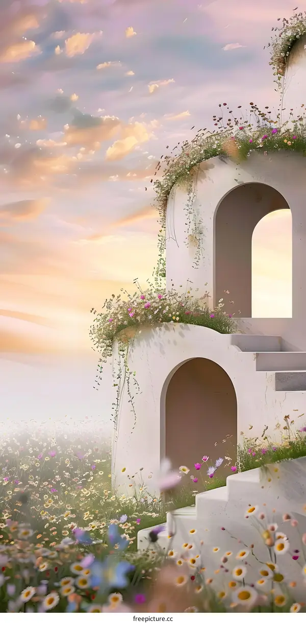 White Building with Archways and Flowers