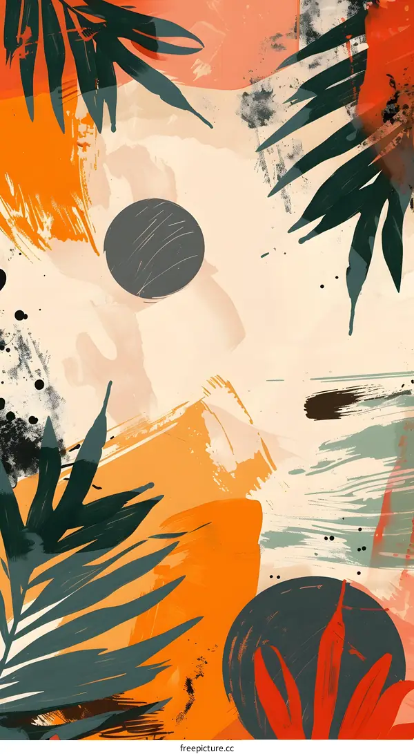 Abstract Watercolor Painting With Green and Red Leaves and Orange Background