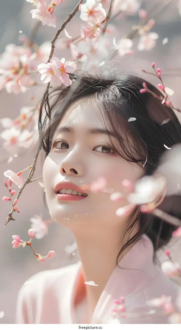 Beautiful Asian Woman In Pink Clothing Standing Under Cherry Blossom Tree