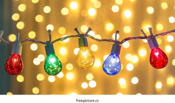 Multicolored string lights with a blurred background of white lights