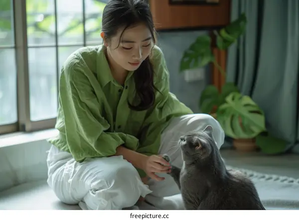 A young woman is sitting on the floor with a gray cat