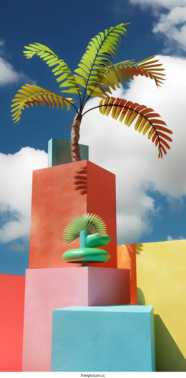 Abstract Palm Tree and Colored Cubes Minimalist Design
