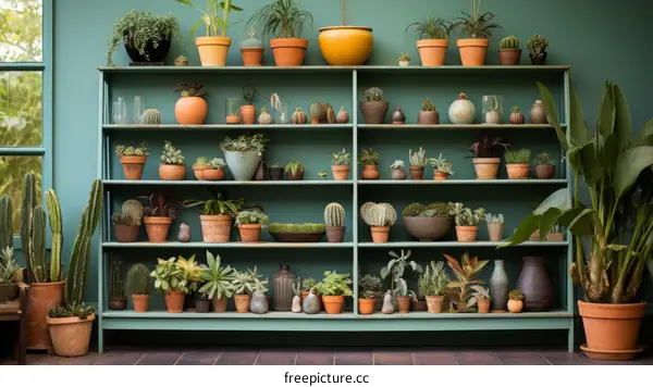 An Array of Potted Plants on Shelves Against a Green Wall